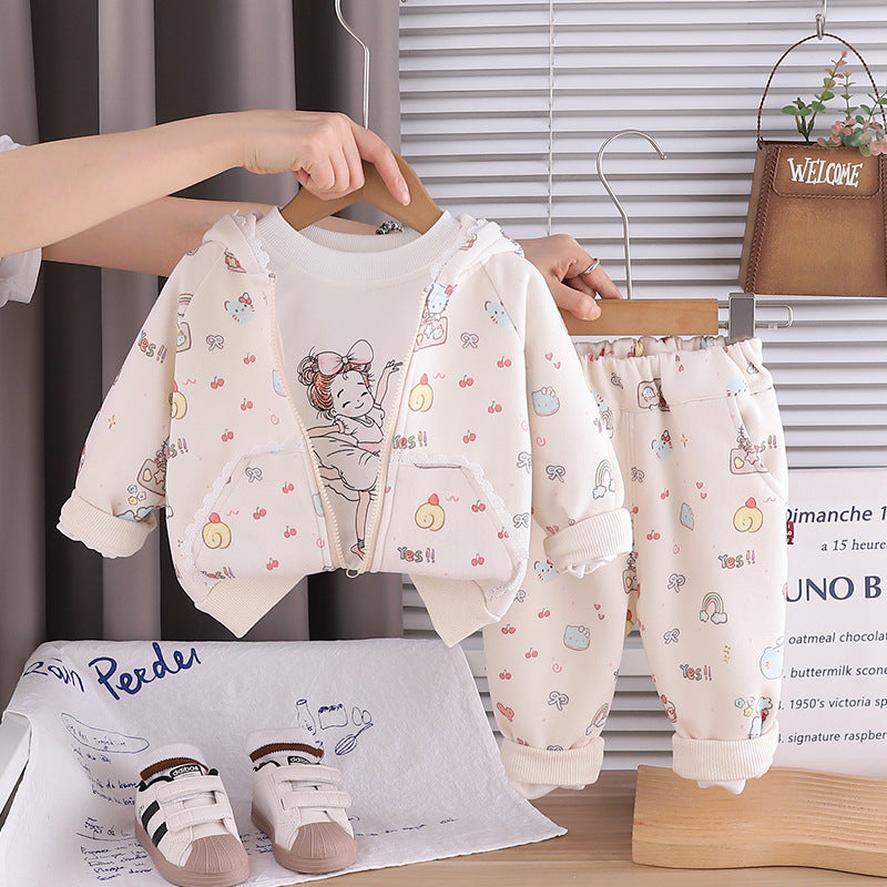 Long sleeved three piece baby and toddler clothing set