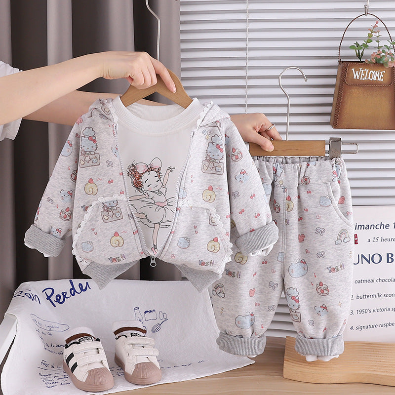 Long sleeved three piece baby and toddler clothing set
