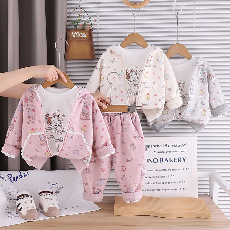 Long sleeved three piece baby and toddler clothing set